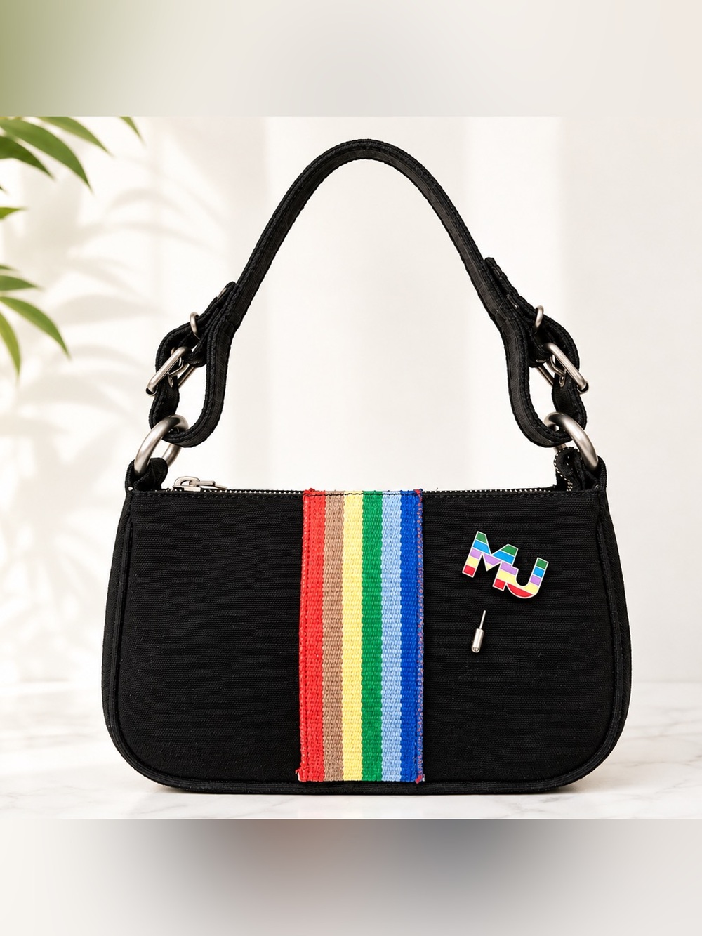 Marc Jacobs Black Canvas Rainbow Stripe Shoulder Bag Y2K Baguette Festivalstyle